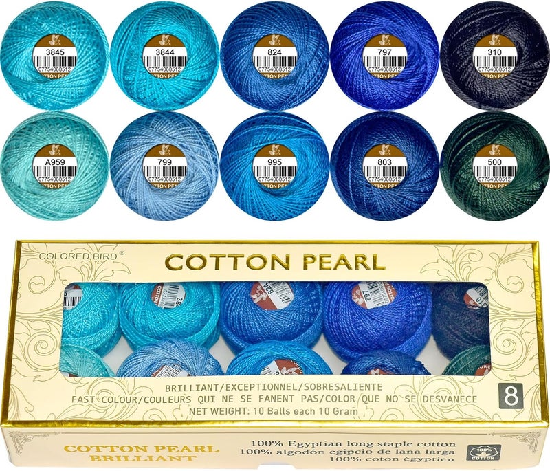 colored bird Double Mercerized Egyptian Long Staple Cotton Pearl Thread Ball 10 Grams Rainbow Color Embroidery Thread 10 Colors per Box for Crochet Hardanger Cross Stitch Hand Embroidery,Blue Series - Image 1